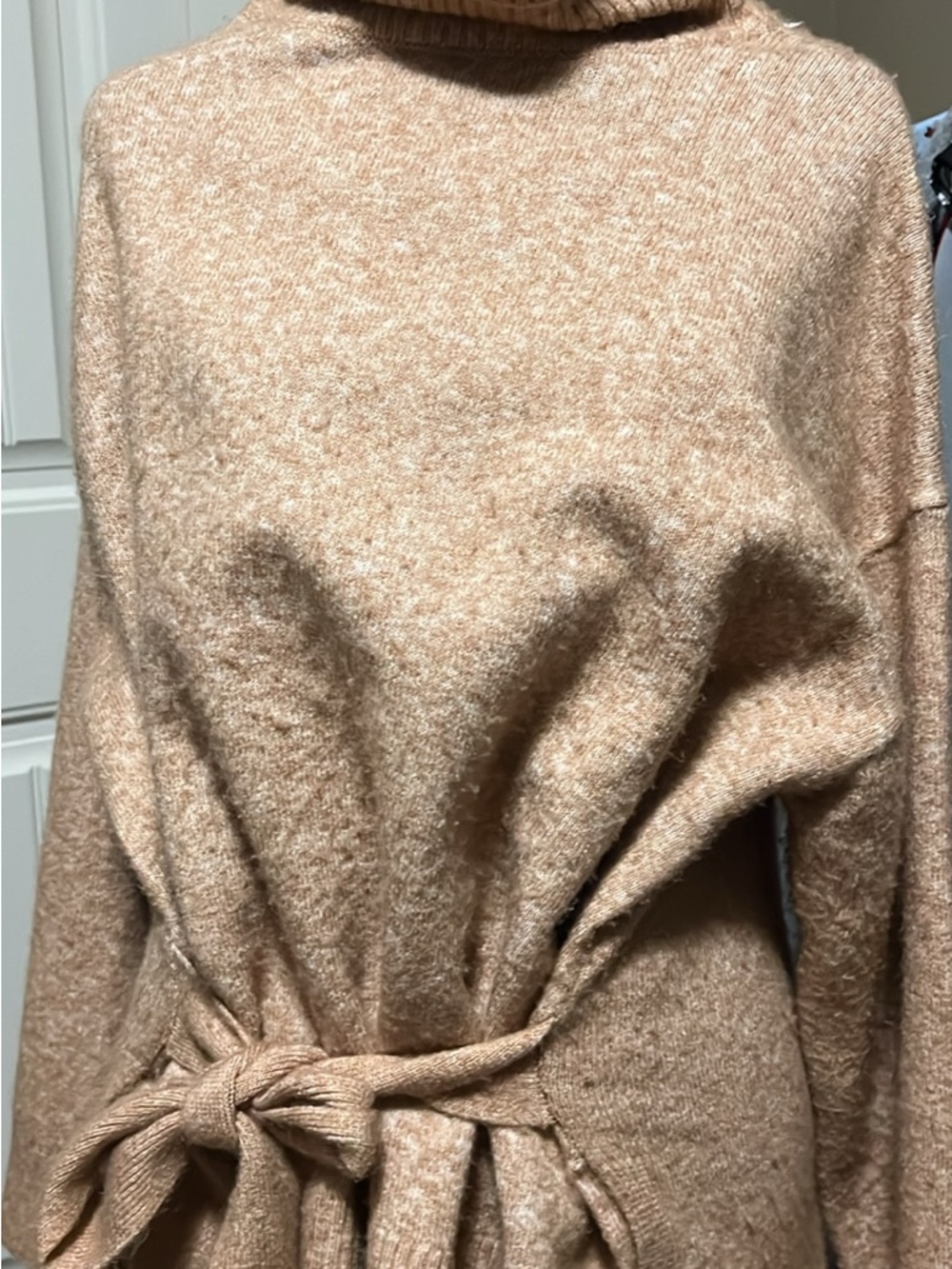Women’s Camel Turtleneck Sweater with Waist Tie - Soft Knit